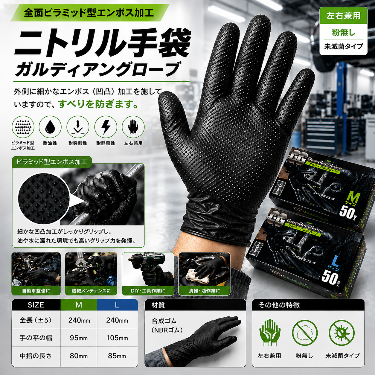 TSUBASA 使い捨て手袋 ニトリル強力グリップグローブ (Mサイズ・L