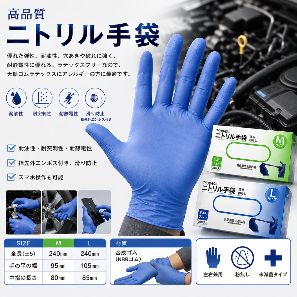 TSUBASA 使い捨て手袋 ニトリルグローブ (Mサイズ・Lサイズ) 100枚入